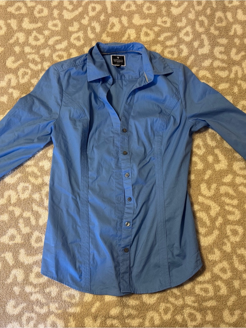 Express "The Essential" Fitted Button Down Blouse, Sky Blue, XS